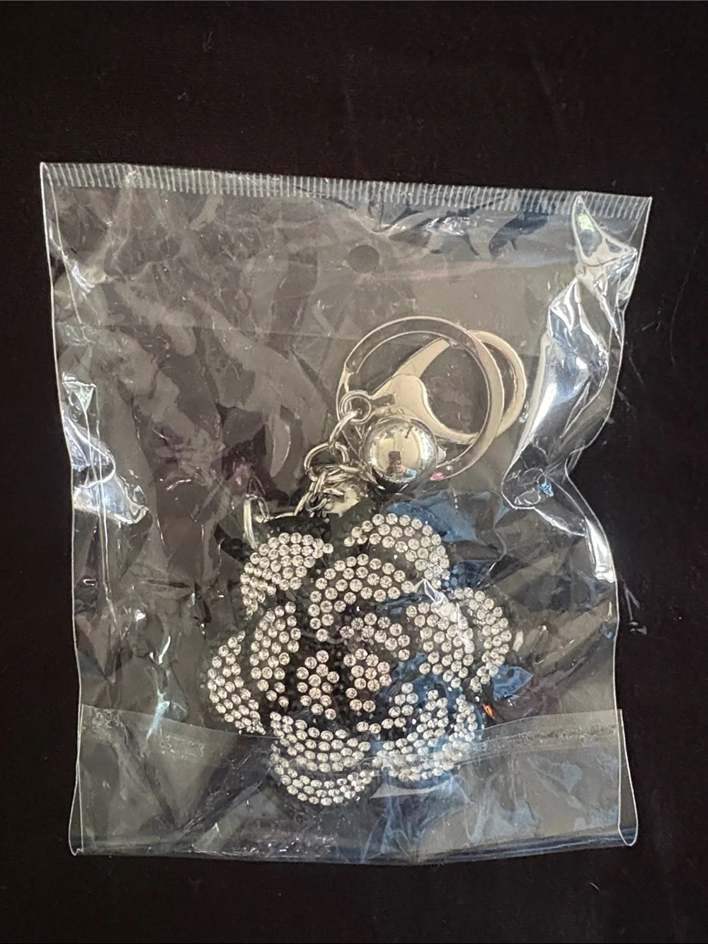 Rhinestone Floral Puffy Keychain Bag Charm - Silver and Black